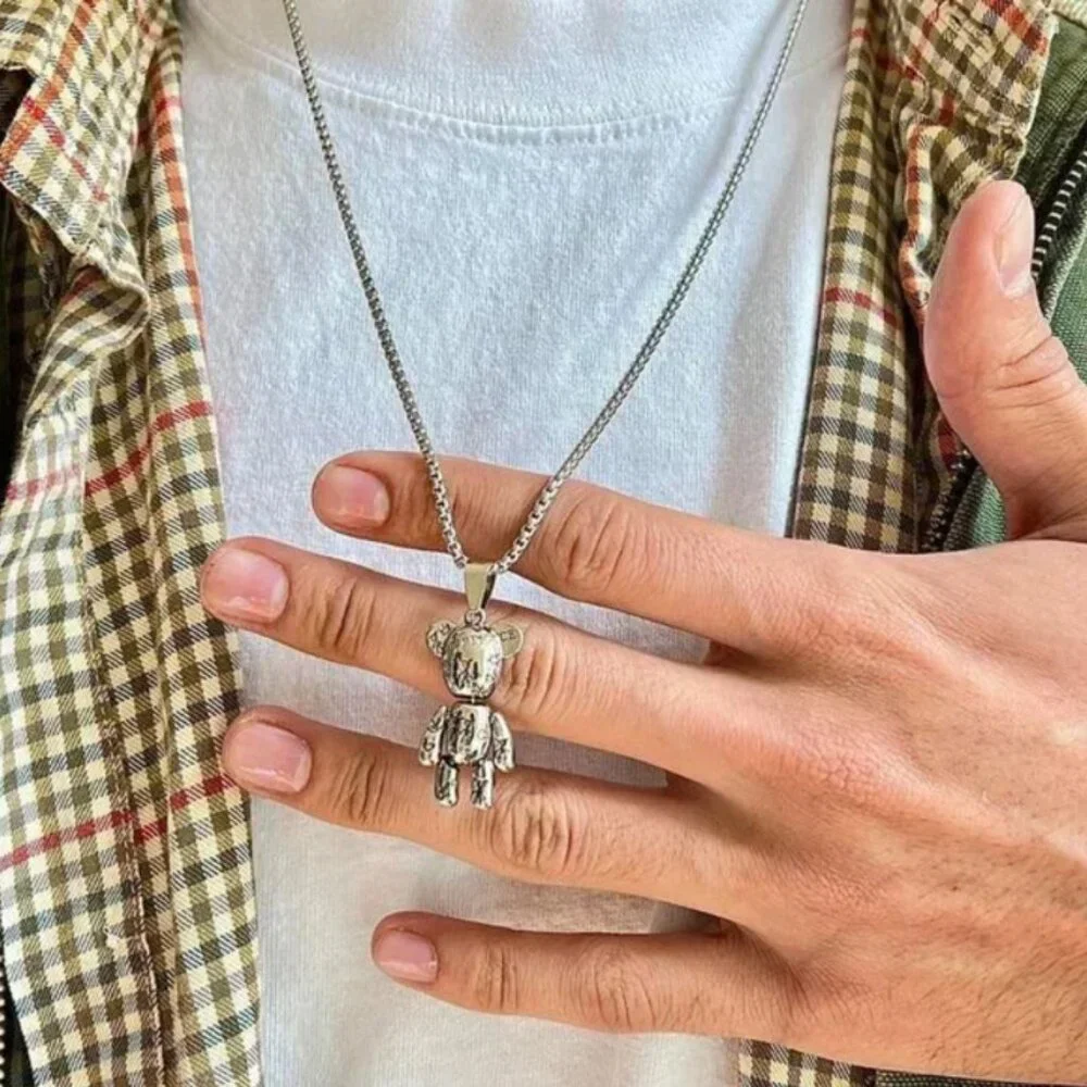 y2k grunge chrome silver bear peace pendant necklace